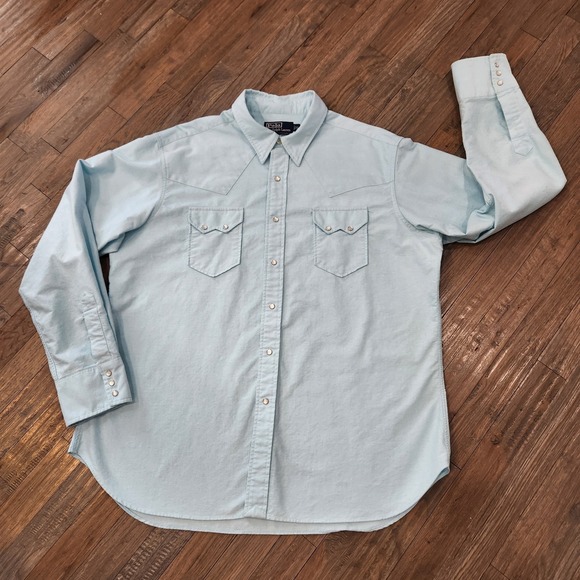 Polo Ralph Lauren Men XL Long Sleeve Pearl Snap Western Cowboy Blue Denim Shirt - Picture 2 of 12